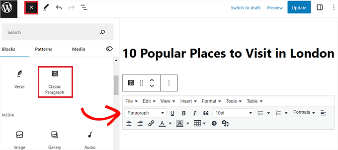 Ajouter le bloc de paragraphe classique à la page