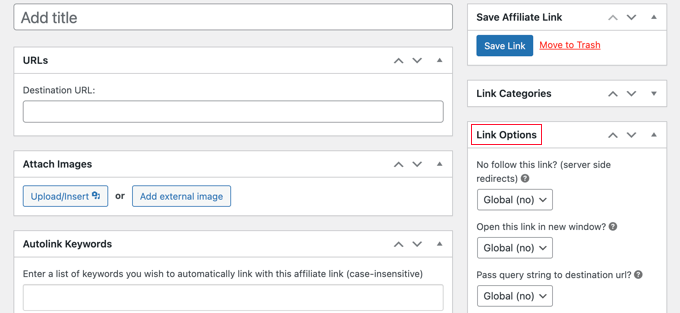 Configurar las opciones para tu enlace de afiliado con ThirstyAffiliates