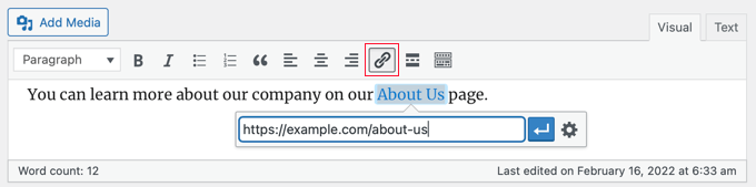 Crear un enlace usando el editor clásico de WordPress