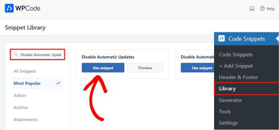 choose-disable-automatic-updates-in-wpcode-library Choose the Disable Automatic Updates snippet from WPCode library