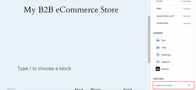 Choisir l'option Préréglages de taille de police