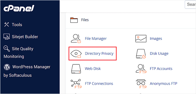 Click on the Directory Privacy option in the Files section Click on the Directory Privacy option in the Files section