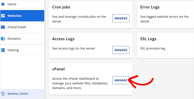 Click Manage button next to the cPanel option Click Manage button next to the cPanel option