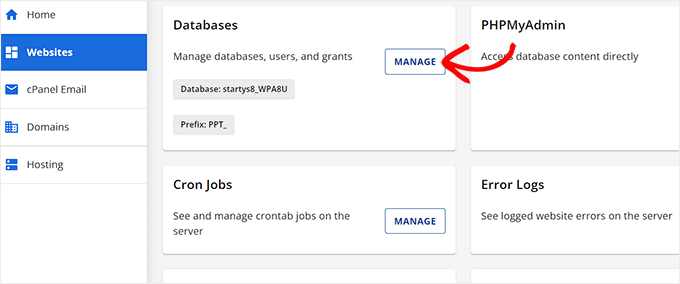 Click the Manage button next to the Database option Click the Manage button next to the Database option