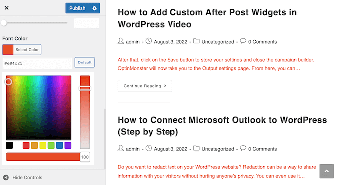 The color picker settings in the theme customizer The color picker settings in the theme customizer