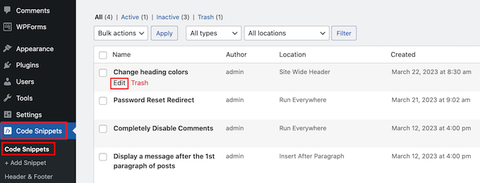 Editing a code snippet in WordPress Editing a code snippet in WordPress