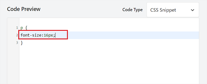 Coller le code de taille de police