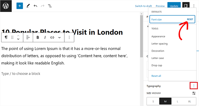 Réinitialiser la taille de la police
