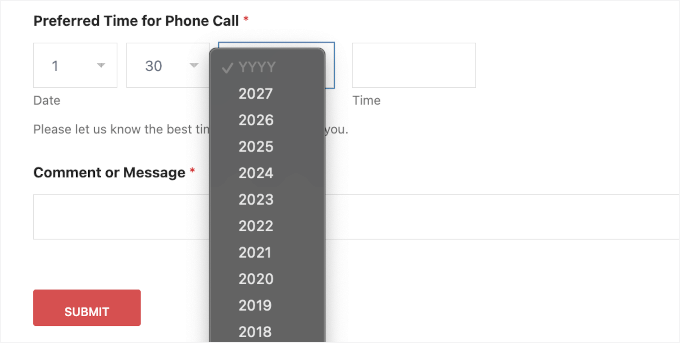 Un esempio del menu a discesa per la data di WPForms