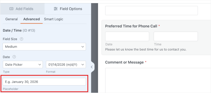 Configurazione delle impostazioni avanzate del selettore di data in WPForms