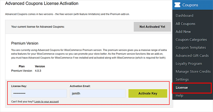 Add Advanced Coupons license key