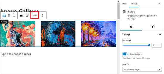 Fügen Sie drei Bilder zum Block hinzu