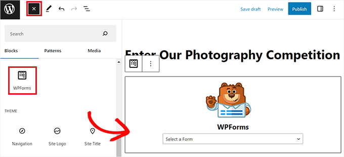 Locate and add the WPForms block Locate and add the WPForms block