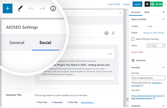 Onglet des paramètres sociaux d’AIOSEO Onglet des paramètres sociaux d’AIOSEO