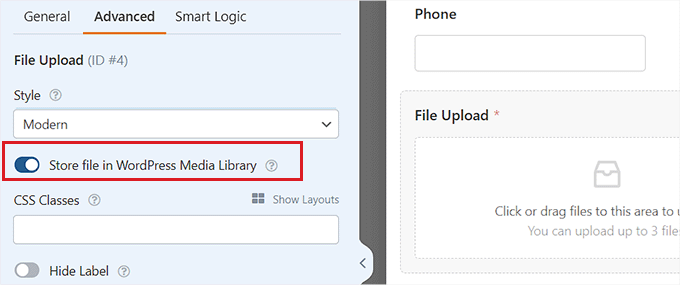 Toggle the switch to allow the form to store files in the media library Toggle the switch to allow the form to store files in the media library