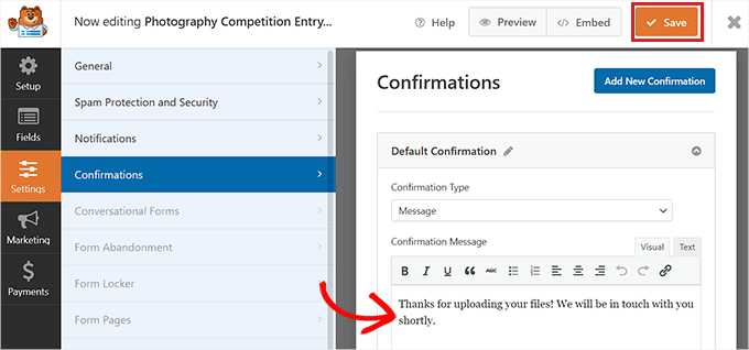 Change the confirmation message Change the confirmation message