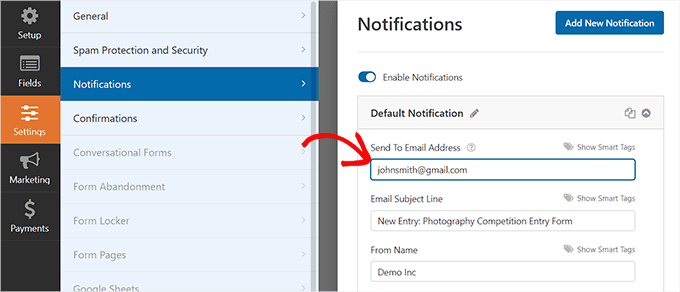 Change the email address the receives the notifications Change the email address the receives the notifications