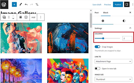 Spaltenanzahl ändern, um Bilder nebeneinander anzuzeigen
