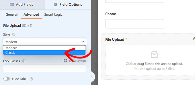 Choose the Classic option as the form style from the dropdown menu Choose the Classic option as the form style from the dropdown menu