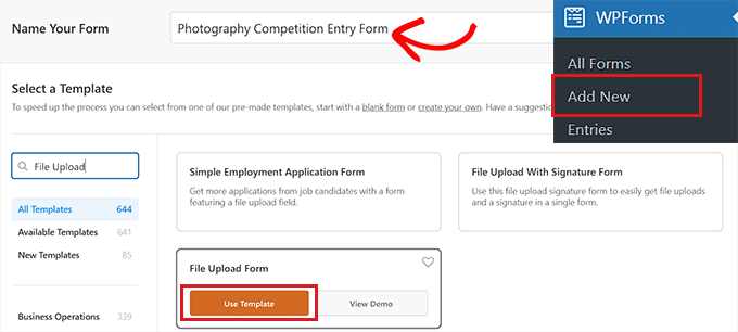 Choose the File Upload form template Choose the File Upload form template