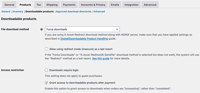 Configure digital files settings in WooCommerce