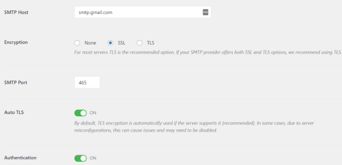 Gmail SMTP settings for WP Mail SMTP plugin Configure other SMTP