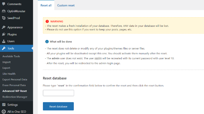 Enter confirmation to reset your site Enter confirmation to reset your site