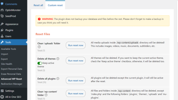 Go to custom reset tab Go to custom reset tab