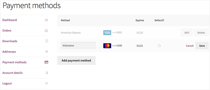 Save payment details