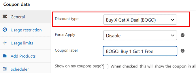Select BOGO as discount type