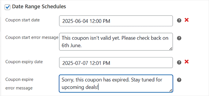 Set coupon start and end date