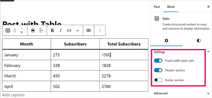 Panoul de opțiuni pentru tabele