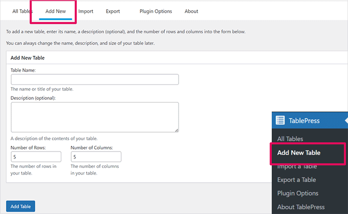 Tablepress adaugă nou