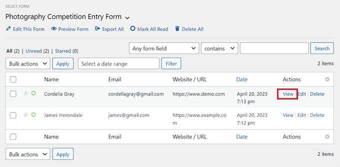 View form entries View form entries