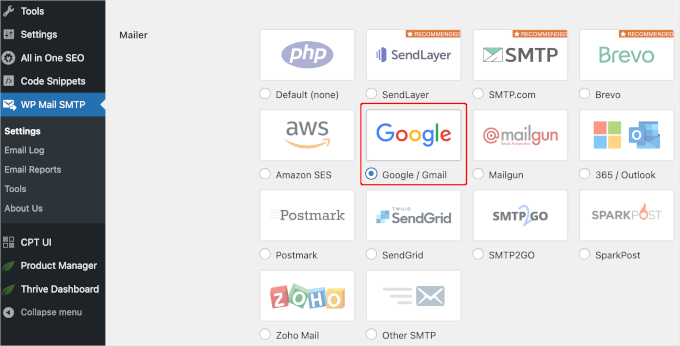 Choosing Google / Gmail as the mailer Choosing Google / Gmail as the mailer