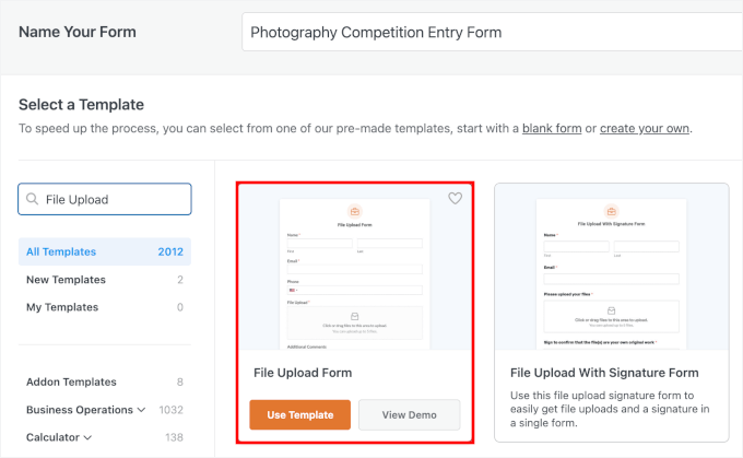 Choisir le modèle de formulaire de téléchargement de fichiers