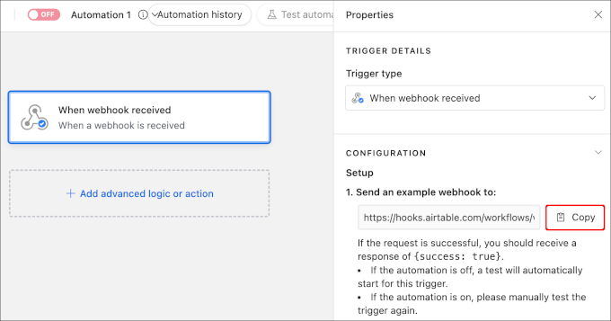 The copy webhook URL button The copy webhook URL button