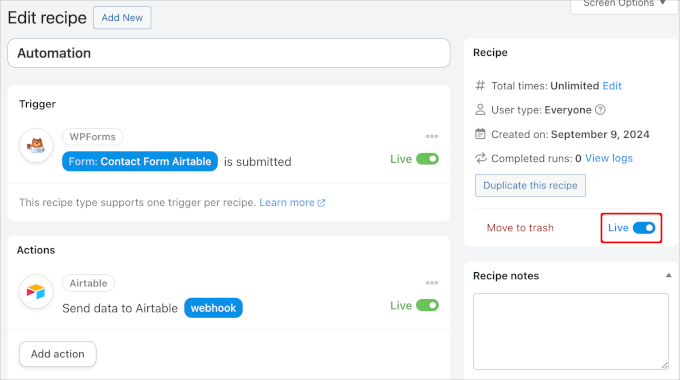 Making recipe live Making recipe live