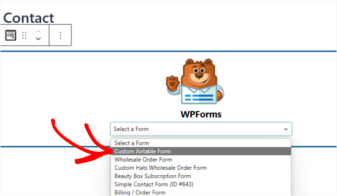 Wybieranie formularza kontaktowego z listy rozwijanej bloku
