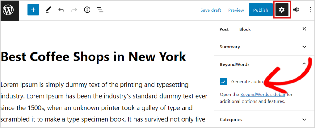 Marca la casilla Generar Audio en el editor de bloques