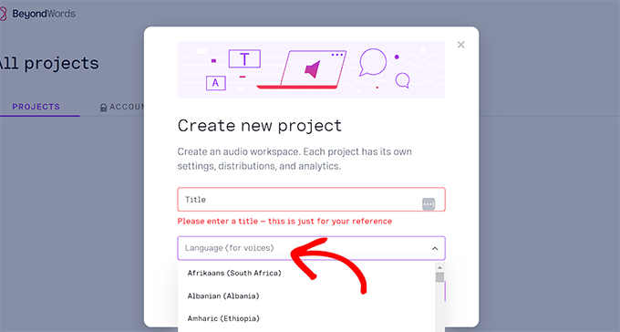 Elige un título e idioma para el proyecto