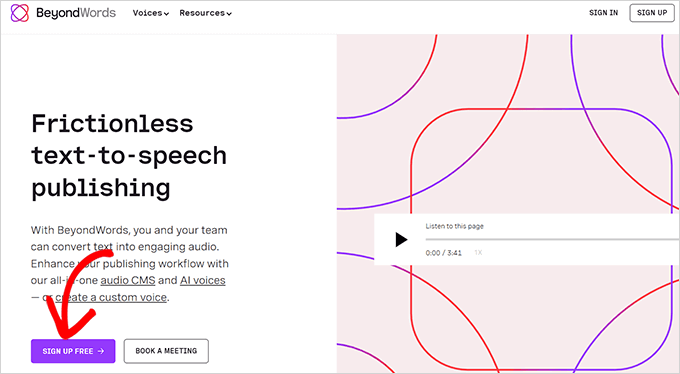 Haz clic en el botón Registrarse gratis en BeyondWords