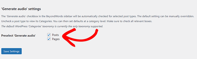Configurar ajustes de Generar Audio
