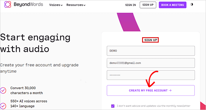 Crea tu cuenta gratuita en BeyondWords