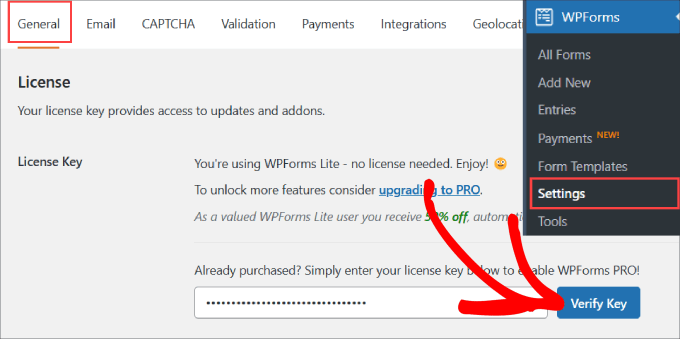 Verify key in WPForms Verify key in WPForms