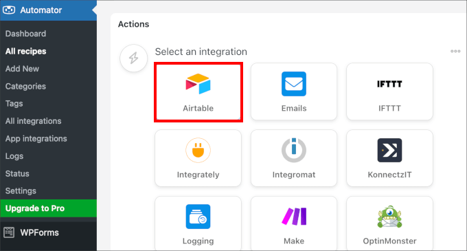 Selecting Airtable as an action Selecting Airtable as an action