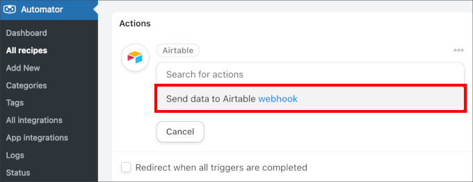 Sending data to Airtable webhook option Sending data to Airtable webhook option
