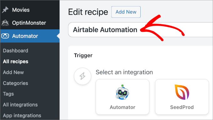 Naming the recipe as Airtable Automation Naming the recipe as Airtable Automation