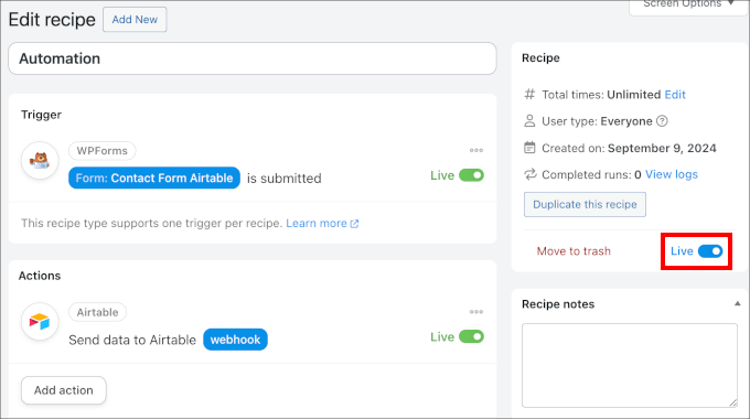 Making recipe live Making recipe live