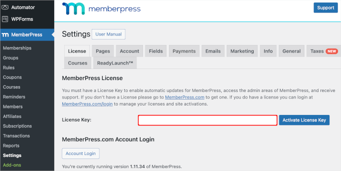 Enter your MemberPress license key Enter your MemberPress license key